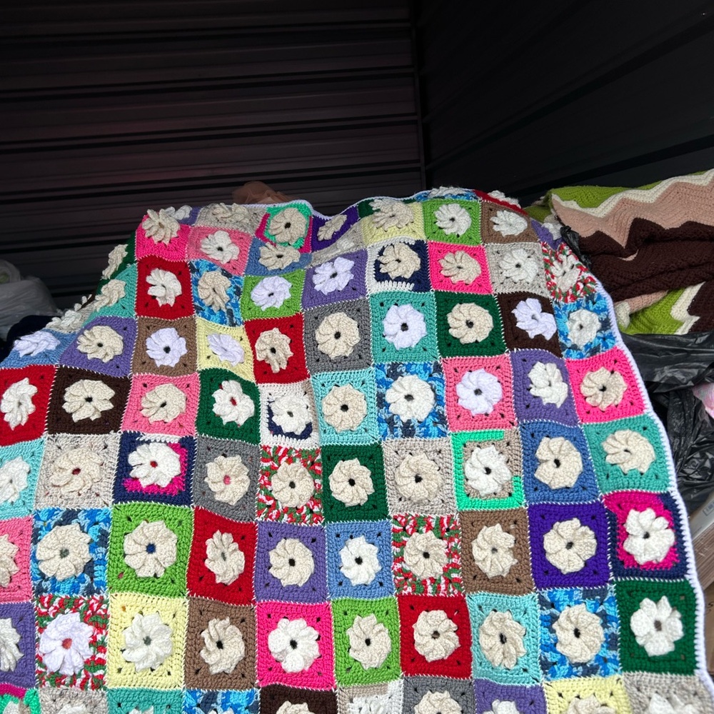 OOAK Hand Crochet Afghan Granny Square Pinwheel Multi-color Cottage Hippie Boho